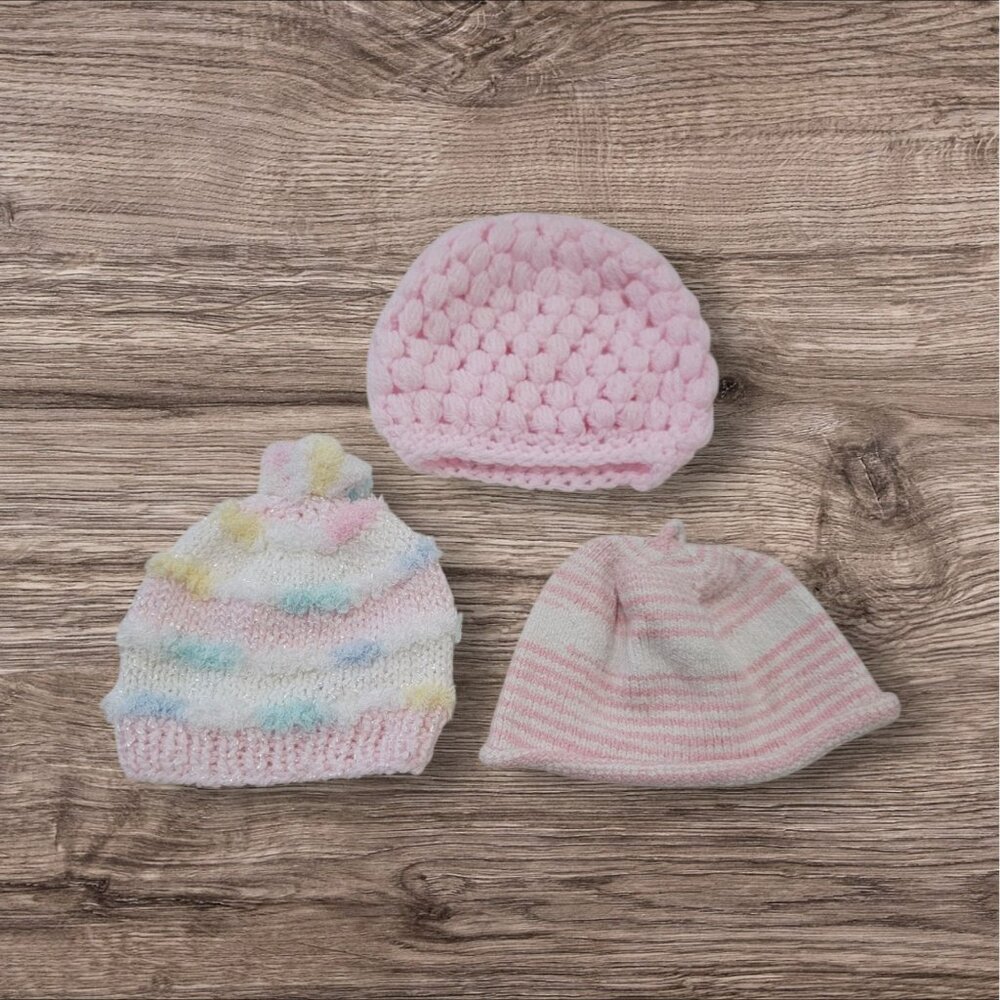 Hand Knit Baby Infant Girl Hats Lot Of 3